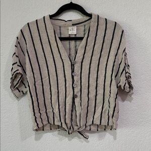 Anthropologie By Together Linen blend Black and Cream Striped Button-Down Shirt